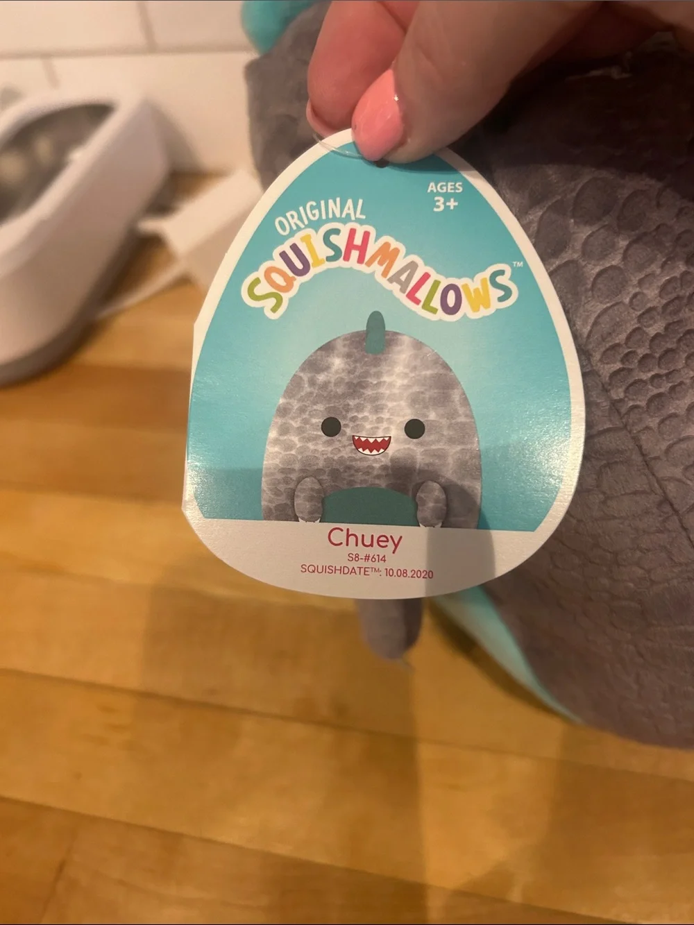 Squishmallows Gray Plush Chuey with Teal Logo Tag